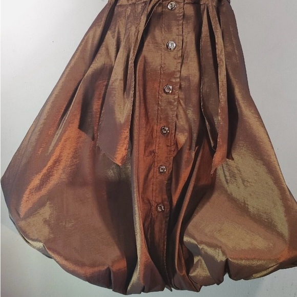 Frank Lyman Brown Metallic Taffeta Bubble Hem Large Collar Button Down Sz 8 - Picture 3 of 8